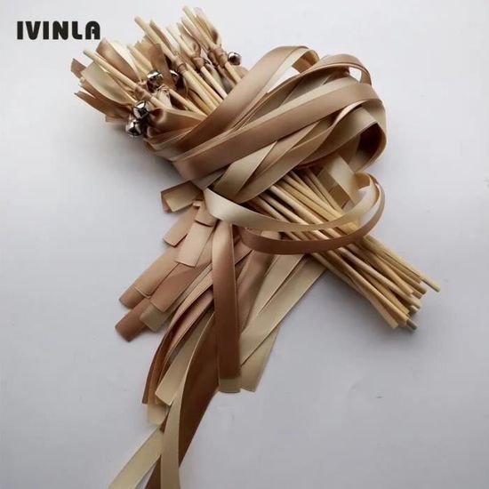 Lot De 50 Baguettes à Rubans Et Clochettes Pour Mariage - Champagne, 30 Cm Bois, Ruban 61 Cm, Pour Fêtes, Anniversaires, Animations