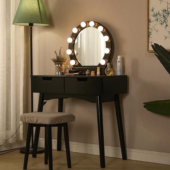 (Noir)Coiffeuse avec tabouret,miroir rond et lumière LED,2 Grands Tiroirs Coulissants,80x40x131 cm