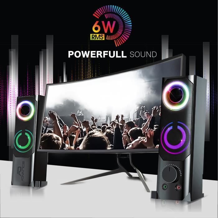 Pack 2 enceintes SoundPhonic USB 2.0 LEDS RGB - 6W RMS Barre de son RGB sortie casque 3.5