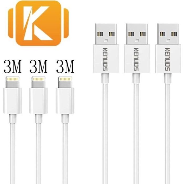 Lot de 3 - 3m/300cm/10ft - CABLE USB POUR APPLE IPHONE APPLE IPAD APPLE IPOD - KENUOS PRO