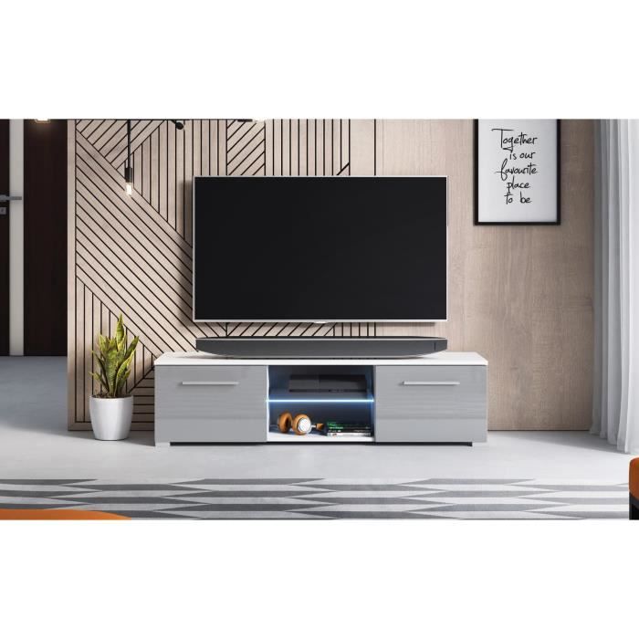 Décoro Meuble TV design MAGNUM (140 cm) couleur blanc et gris brillant avec l'éclairage à la LED.