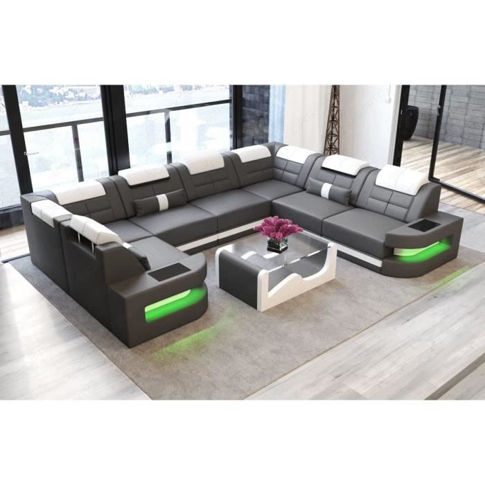 Canapé Intérieur Design Como Cuir en Forme de U Gris-Blanc Cuir Canapé Coin Canapé LED Clair Appuie-Tête Designersofa
