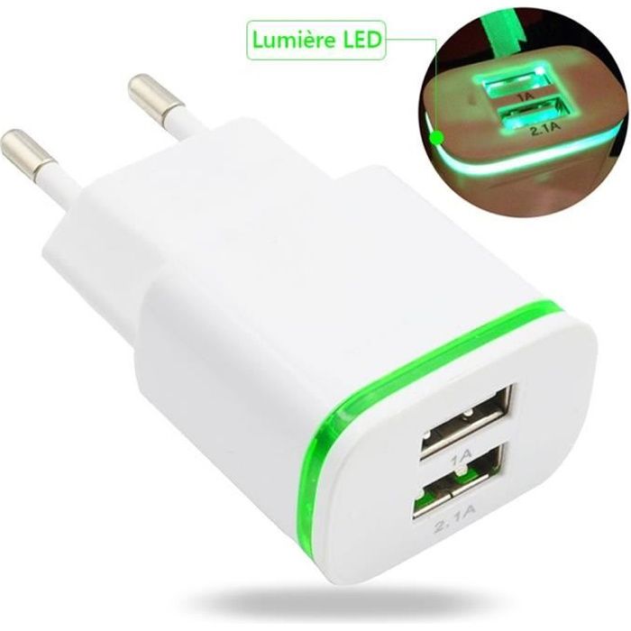 Chargeur Secteur LED Universel avec 2 Ports USB pour Samsung Xiaomi iPhone