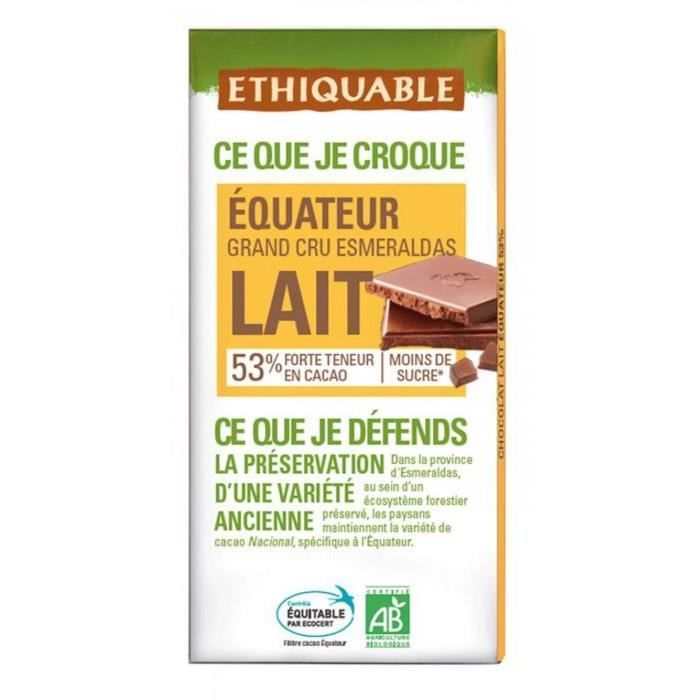 ETHIQUABLE Chocolat au lait 53% d'Equateur - Bio - 100g