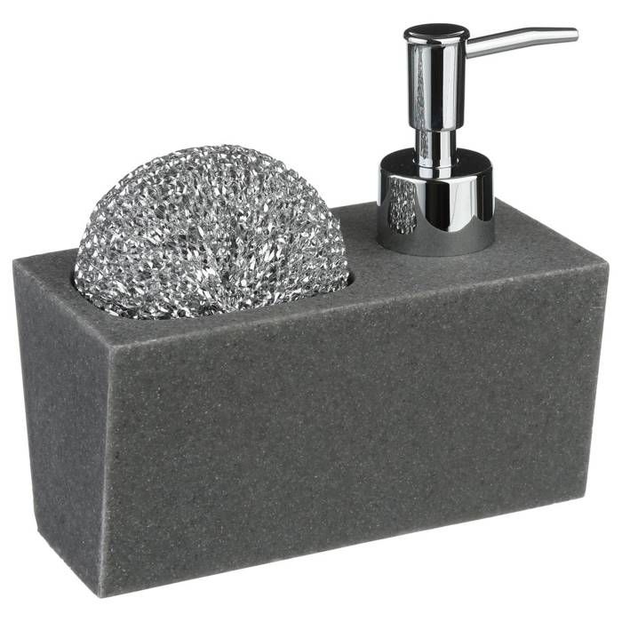 Distributeur de savon avec porte éponge - L. 14,5 cm - Gris