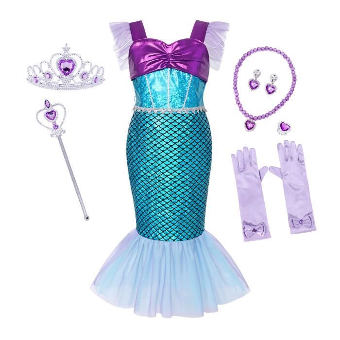 AmzBarley Fille Sirène Robe Princesse Enfant Déguisement Fête Anniversaire Carnaval d'Halloween Cosplay Costume avec Accessoires