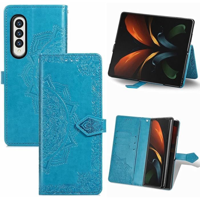 Coque Samsung Galaxy Z Fold 3 5G, Ultra Mince Étui à Rabat en Cuir PU Portefeuille Housse [Magnétique] [Fentes pour Cartes] (Bleu)