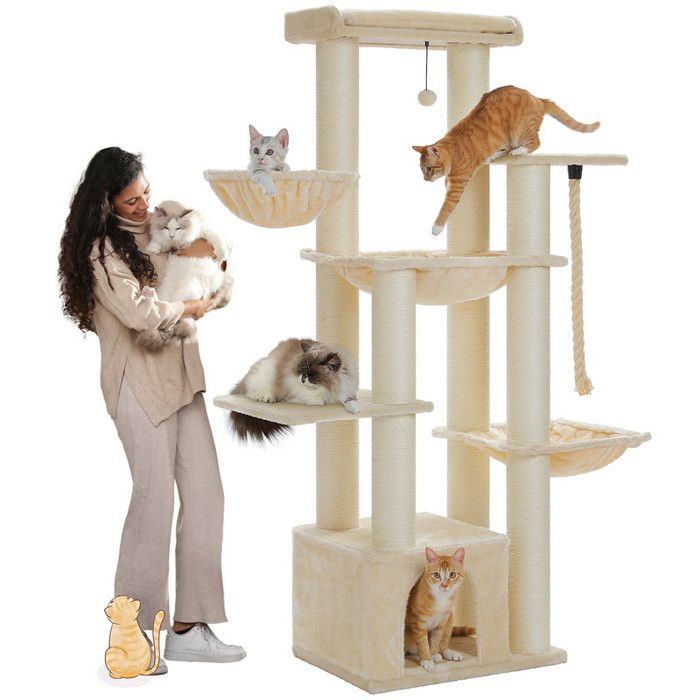 Comparer les prix de PAWZ Road Grand Arbre a Chat, Arbre à Chat avec Poteaux XXL 11 cm en Sisal, Hamacs Spacieux, Condo & Perchoir, 170 cm Beige