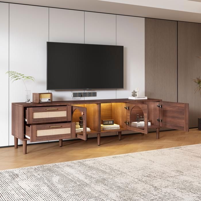 Grand Meuble TV Vintage Armoire pour télé 80 - 2 Tiroirs en Rotin - Portes en Verre bombé Eclairage LED Banc TV Marron 180 cm