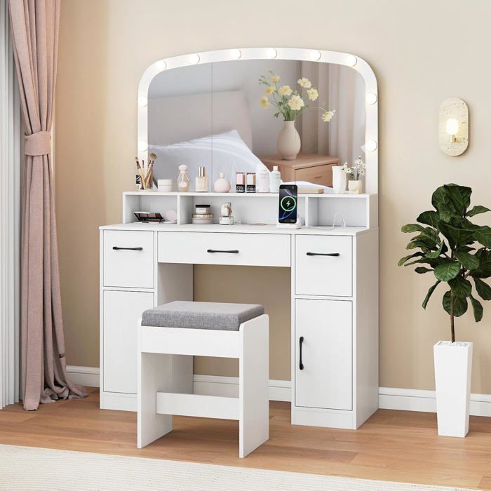 COSTWAY Coiffeuse avec Tabouret Miroir Maquillage Hollywood Lumineux LED Réglables Station de Recharge Blanc