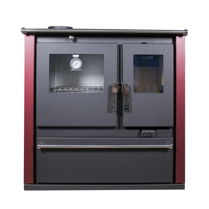 Cuisinière à Bois Verso CS Plus - 7 7 kW Plaque Supérieure en Métal Four Inox Panneaux Bordeaux et Sortie Fumée à Gauche Cuisinière à Bois Verso CS Plus - 7 7 kW Plaque Supérieure en Métal Four Inox Panneaux Bordeaux et Sortie Fumée à Gauche