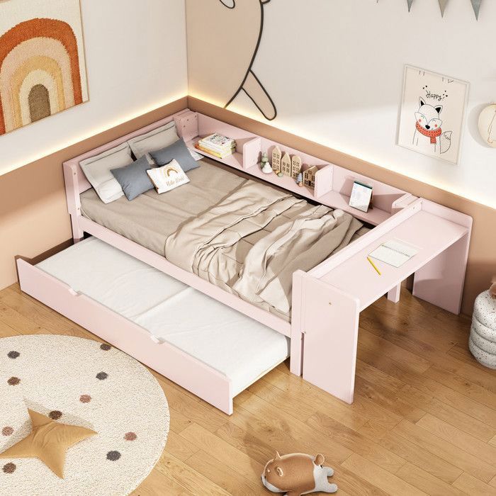 O.Ye Lit 1 Personne 90 x 200 cm avec Lit Gigogne Lit Enfant Structure de Lit avec Bureau Trois Étagères Sur le Côté du Lit Ros