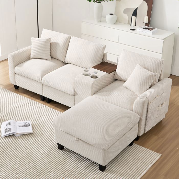 Canapé d’angle - 4 places convertible - Console intégrée - Tissu corduroy - Prises USB