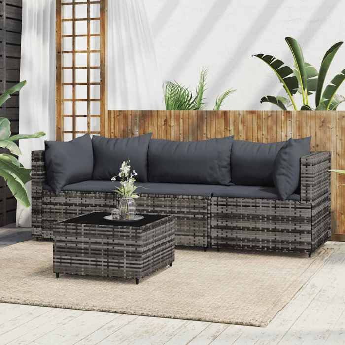 SALE 2026 Canapé de jardin Gris - Salon de jardin 4 pcs avec coussins Gris Résine tressée PRO510607210
