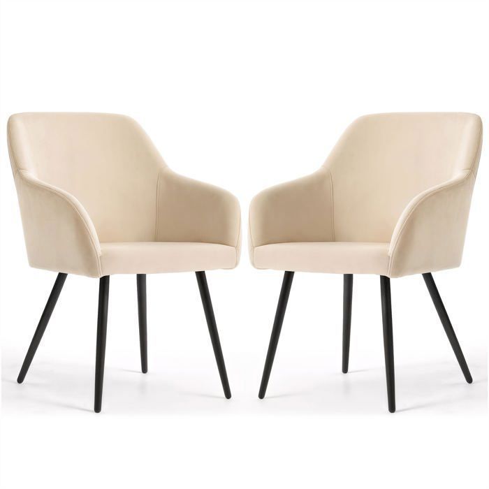 Lot de 2 Chaises en velours lisses ESTELLE Beige pieds noirs Lot de 2 Chaises en velours lisses ESTELLE Beige pieds noirs