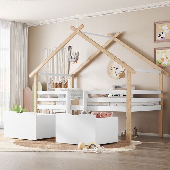 Lit enfant mi-hauteur forme maison avec escalier Maisentiel