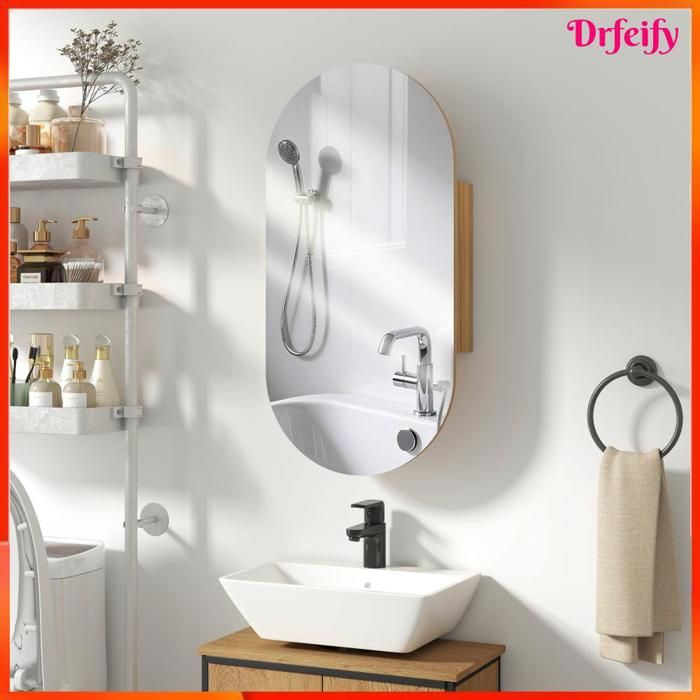 Armoire murale de salle de bain - AKOZON - 11908 - Miroir ovale sans cadre - 45x90 cm - Bois naturel