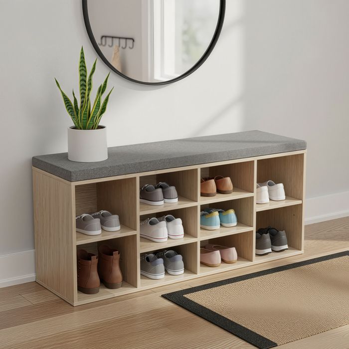 Meuble à chaussures pas cher Banc de Rangement avec Coussin Siège Rembourré 10 Compartiments Étagères Réglables pour Chambre