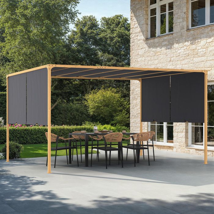 IDMARKET Pergola coulissante 2 pans 3x4 M belvédère de jardin effet bois toile gris anthracite