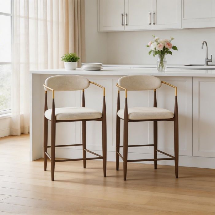 Tabouret de bar - Campagne française - Tissu beige - Accoudoirs dorés - Piètement métal réglable