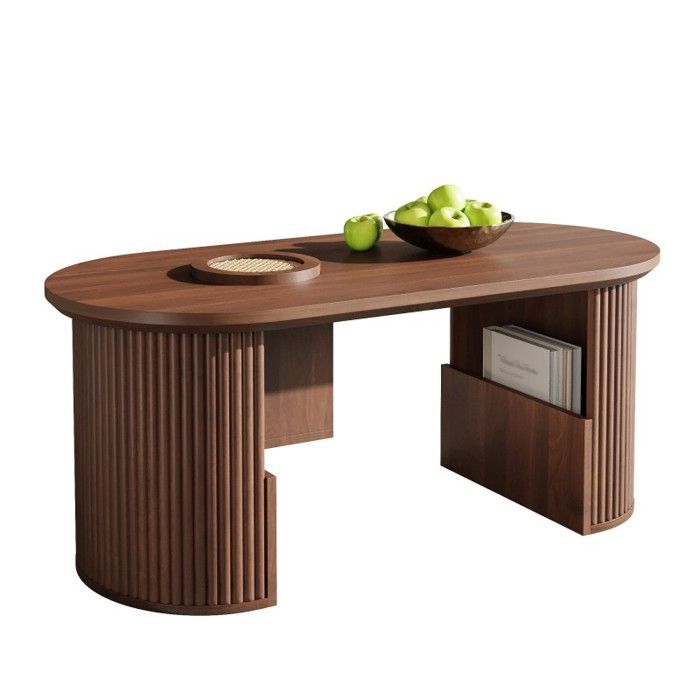 Table Basse Design Noyer Forme Ovale avec Texture Verticale 105x50x46 5 cm. Meuble de Salon Élégant avec Rangement et Style Vint