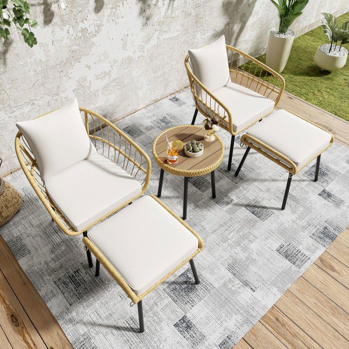 Luscriate - Salon bas de jardin Table basse 46x44 cm + 2 chaises 46x52x73 cm + 2 tabourets 41x51x42 cm - en rotin
