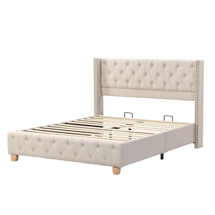 Lit capitonné 140x190 beige en lin avec tête de lit à boutons et pieds en bois