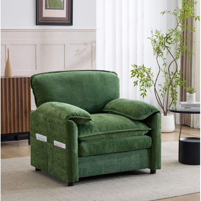 Fauteuil lounge rétro vert foncé en chenille 1 place avec accoudoirs et poches latérales