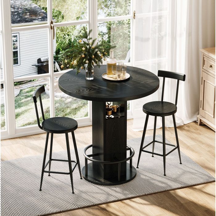 MEUBLIV Ensemble table de bar ronde 80 cm avec 2 tabourets rangement intégré noir effet bois et métal