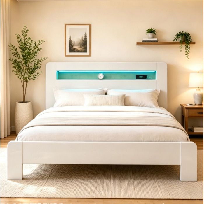 MEUBLIV Cadre de lit 180 x 200 cm avec tête de lit rangement LED et prises intégrées blanc bois