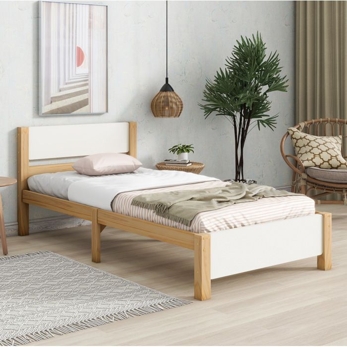 Lit simple 90×200 cm avec tête et pied de lit 15 lattes et pieds centraux - ELVMI - sans matelas bois blanc naturel