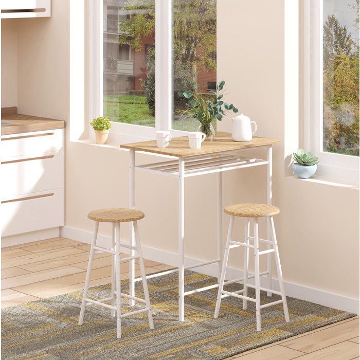Ensemble table et chaises avec 1 table et 2 tabourets de bar - UVRION - rangement intégré - MDF et acier - blanc et chêne