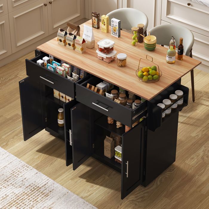 Îlot de cuisine mobile 120x46-70x91 5 cm avec plateau rabattable 2 tiroirs rangements roulettes et pieds en bois - Noir