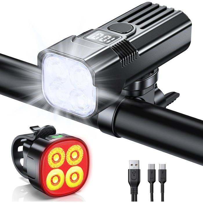 Set Éclairage Vélo LED Rechargeable 2000 Lumens IP65 Étanche - Lampe Avant et Arrière Écran LED Modes Multiples - Phare Cycliste