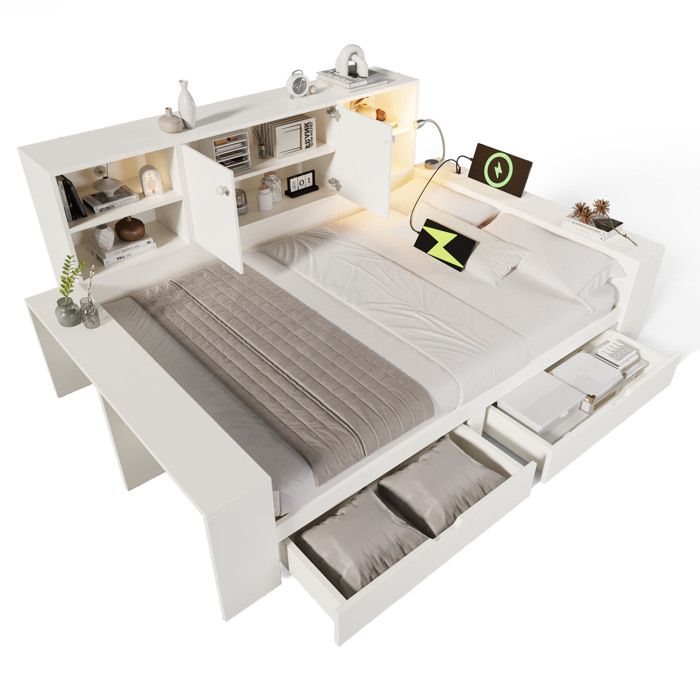 ELVORIN Lit avec rangement 140 x 200 cm blanc tiroirs tête de lit avec rangements ports USB et USB-C lampe de lecture