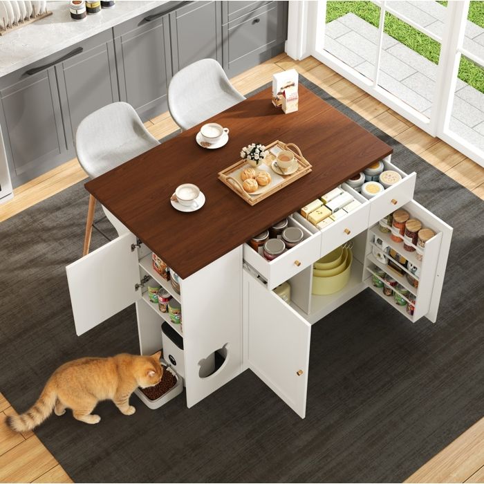 Îlot central de cuisine 120x40/70x90 cm blanc et noyer foncé avec plateau extensible 3 tiroirs 2 portes et espace repas pour chat Îlot central de cuisine 120x40/70x90 cm blanc et noyer foncé avec plateau extensible 3 tiroirs 2 portes et espace repas pour chat