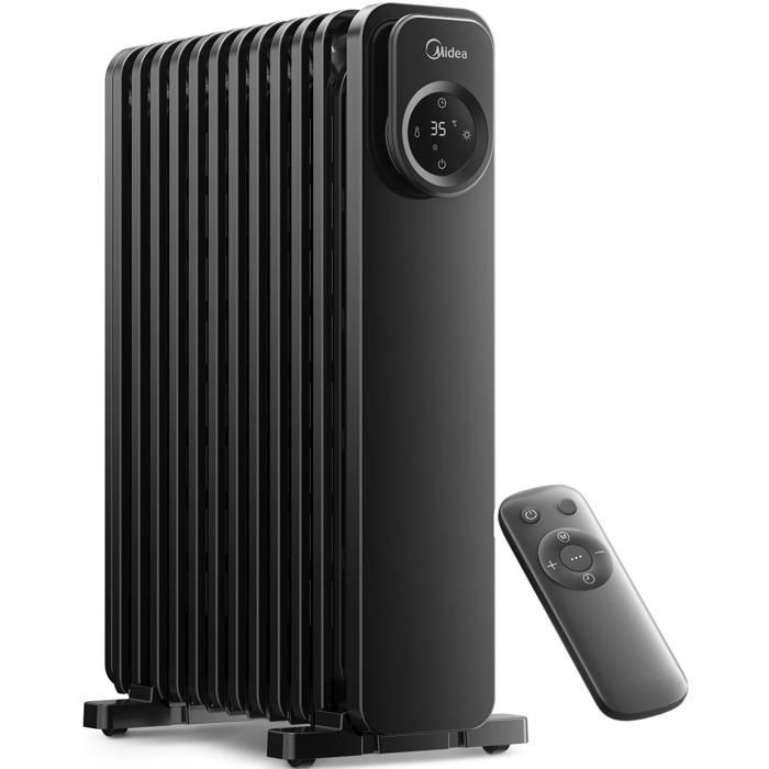 Radiateur bain dhuile électrique - 2300 Watts - 3 puissances - 11 éléments - Télécommande - Tactile LED - Minuterie 24h - Noir