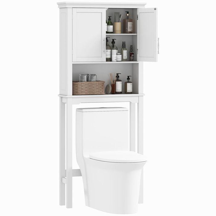 Gain de place meuble WC au-dessus des toilettes avec placard double porte étagère réglable et niche blanc