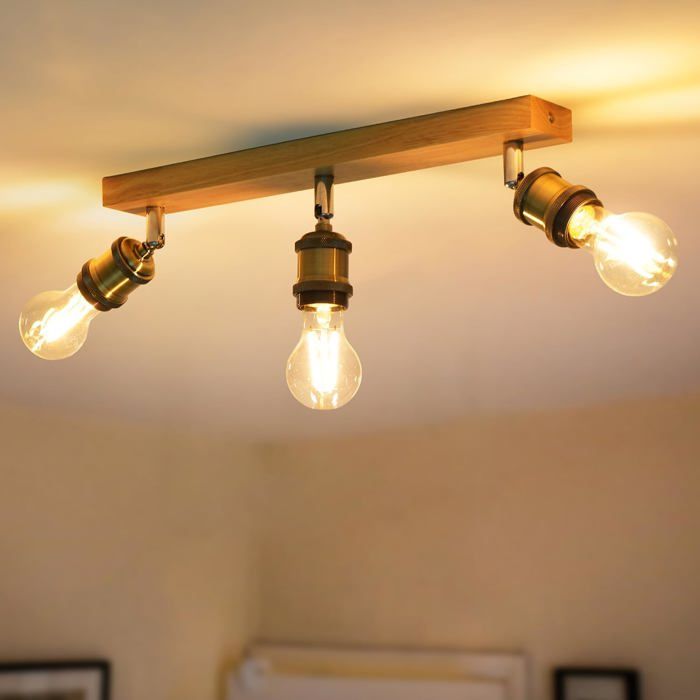 Plafonnier LED 3 Spots Orientables Bois et Cuivre Style Vintage E27 Sans Ampoule Montage Facile Salon Chambre