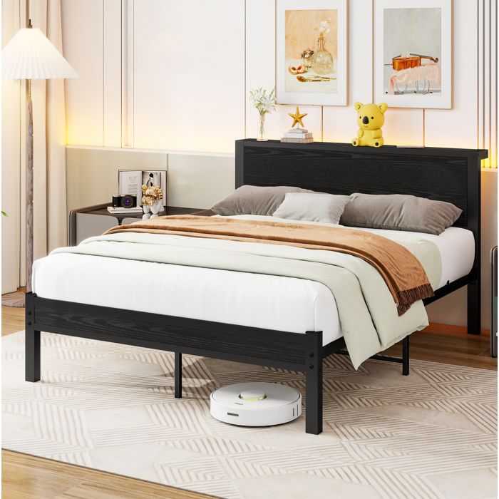 Lit plateforme 140x200 cm en métal noir avec rangement sous le lit lattes métalliques sans sommier VEVXYN