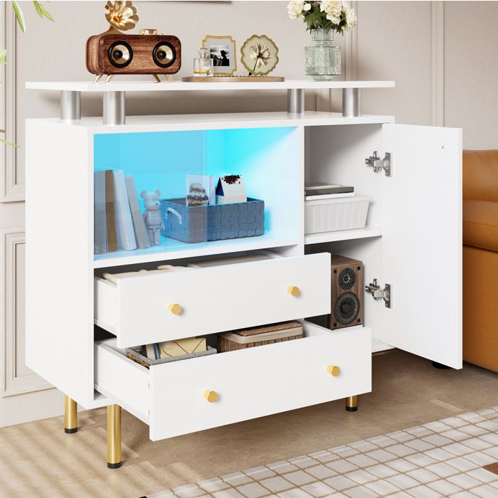 Maisentiel Buffet bas blanc 80 x 35 x 80 cm en panneaux de particules et verre LED portes coulissantes