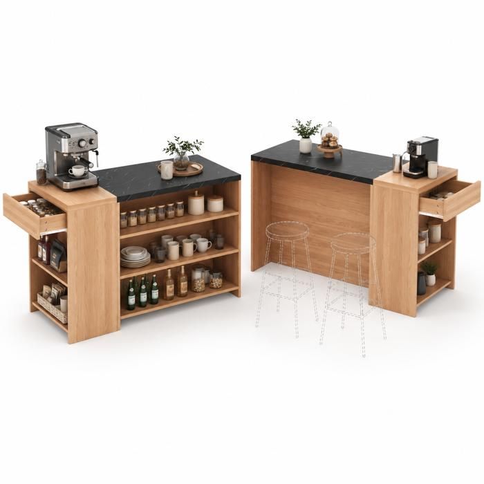 Desserte / Îlot de cuisine - FURNITURER - 140x60x90 cm - Plateau 3 cm - 1 tiroir + étagères - Coin repas 2 personnes Desserte / Îlot de cuisine - FURNITURER - 140x60x90 cm - Plateau 3 cm - 1 tiroir + étagères - Coin repas 2 personnes