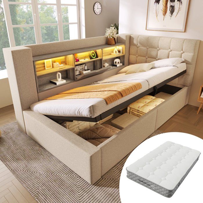 Lit coffre 90x200 cm avec matelas LED rangement hydraulique tête de lit L lin beige sommier à lattes