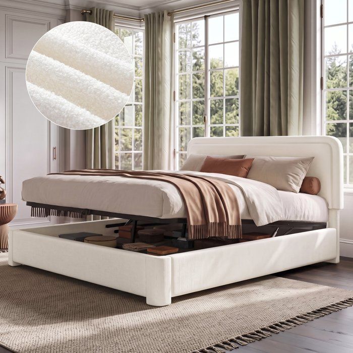 Lit coffre double 160x200 cm blanc bouclé pour chambre adulte capacité 300 kg sommier à lattes et mécanisme douverture assistée