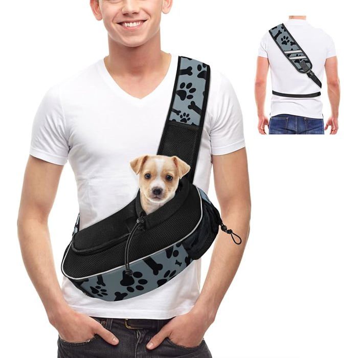 Gloppie Sac à Bandoulière de Transport pour Chien Chat Sac de Voyage Porte Chien Main Libres Gris Motifs Patte & Os Small SMALL SAC