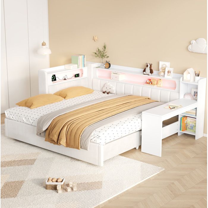 Lit Combiné Gigogne Extensible avec Bureau Étagères USB et LED 7 Couleurs en MDF et Lin Blanc 90 × 200 cm
