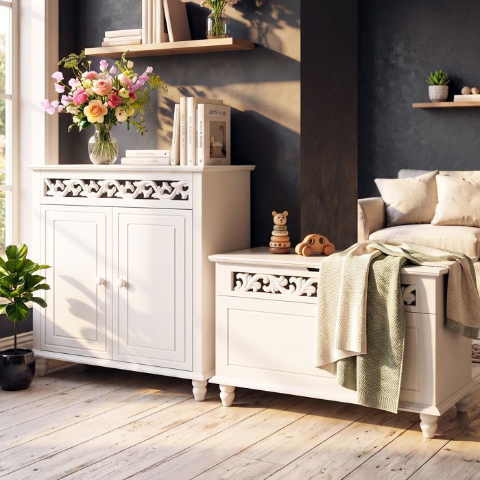 Set de 2x Meubles Blancs en Bois CASARIA - Commode et Coffre de Rangement Vintage avec Motifs Décoratifs - Salon Chambre Dressing Set de 2x Meubles Blancs en Bois CASARIA - Commode et Coffre de Rangement Vintage avec Motifs Décoratifs - Salon Chambre Dressing