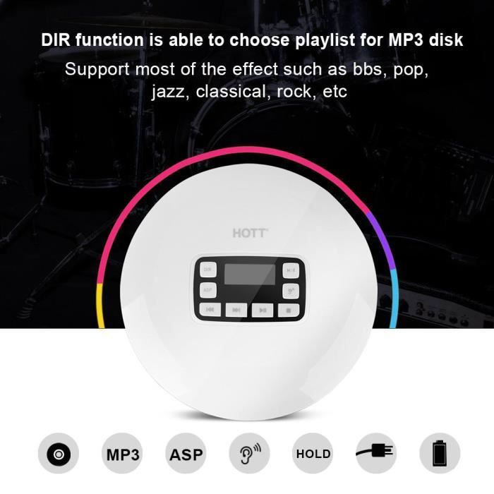Lecteur CD portable, Lecteur CD Bluetooth, HOTT Portable Bluetooth HIFI Stéréo Lecteur de musique avec écouteurs Prise UE-LAV