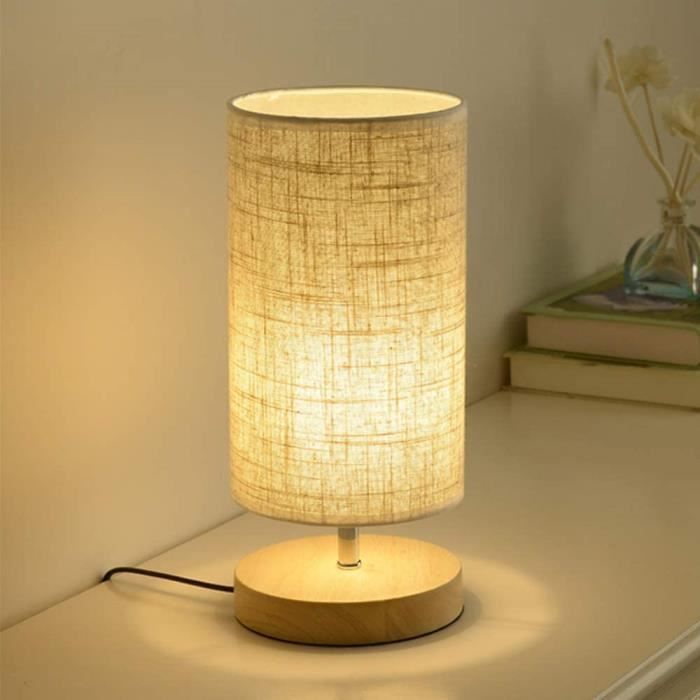 lampe de chevet en bois rond vintage avec abat-jour beige et lampe de bureau e27 led style maison de campagne veilleuses a344