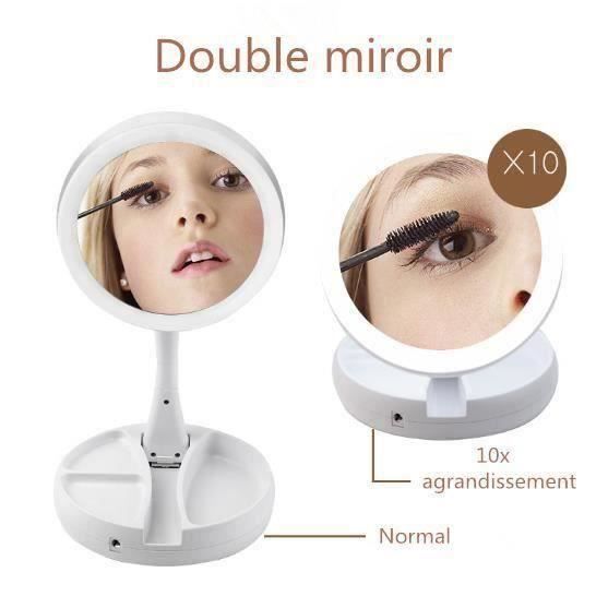 Miroir De Maquillage LED Grossissant 10X - Double Face Pliable - Alimentation USB - Blanc